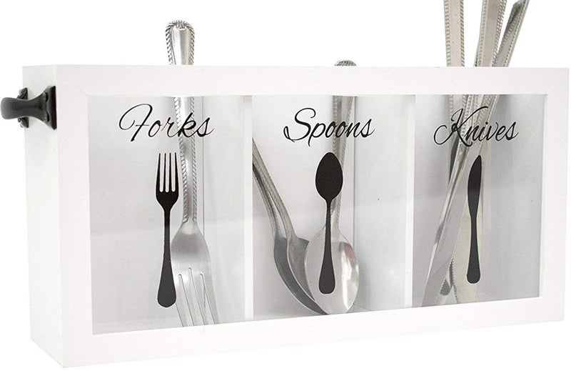 BLU MONACO White Wooden Cutlery & Utensil Caddy | Flatware Organizer for Forks, Spoons & Knives | Portable Silverware Holder with Handles â€“ Kitchen Countertop or Table Organizer, 12 x 3 x 6 in - Image 1